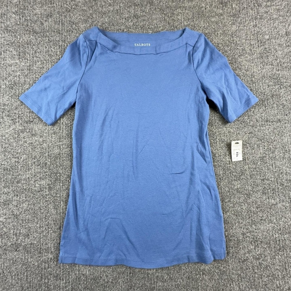 Talbots Stretch Weekend Tee Blue Boat Neck Short Sleeve Top Womens Petite P NWT
